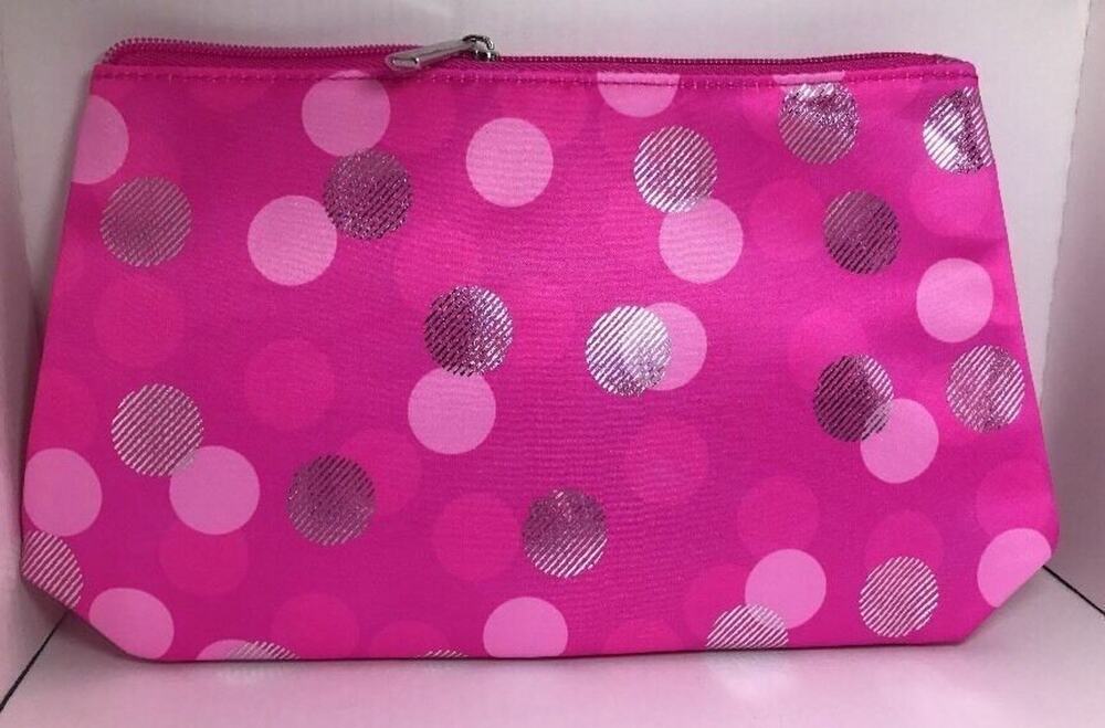 Clinique Cosmetic Makeup Bag – Pink & Silver Polka Dot, New